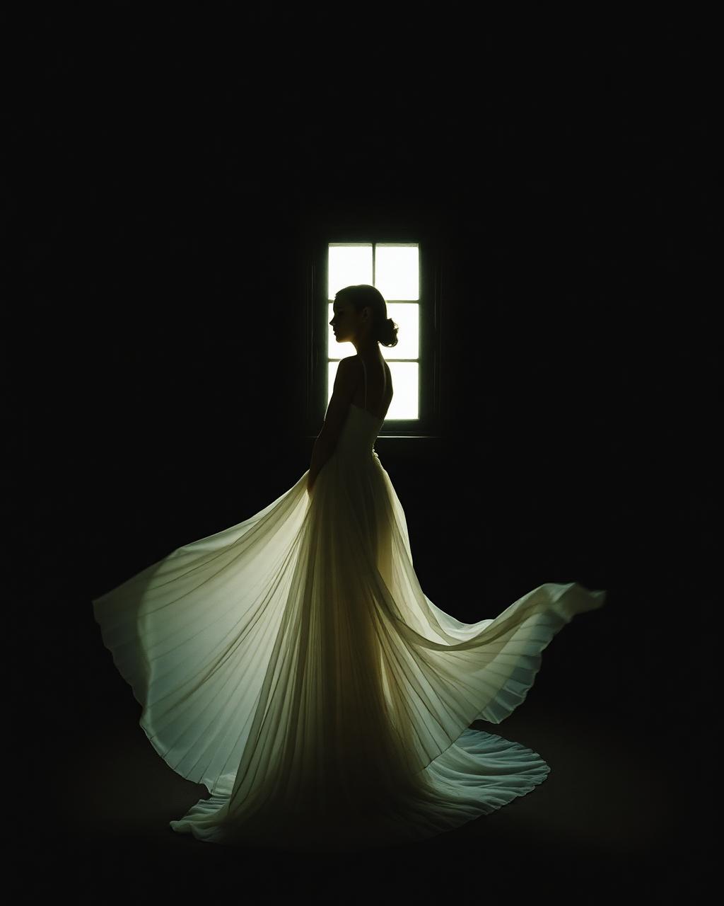 Editorial portrait of a figure in flowing ivory dress in a darkened room